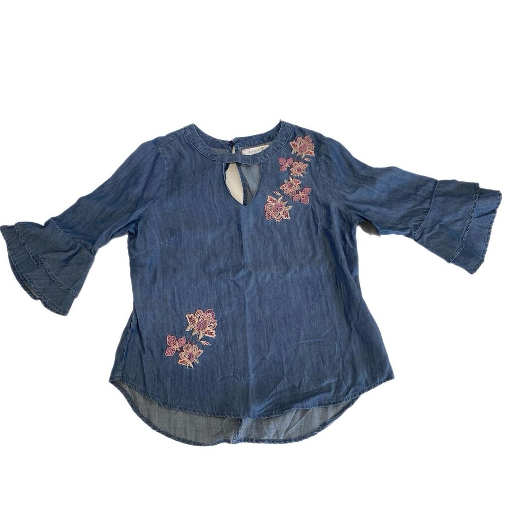 Billy T Embroidered Chambray Top Blue Denim Bell Sleeve Floral Boho Blouse Sz S